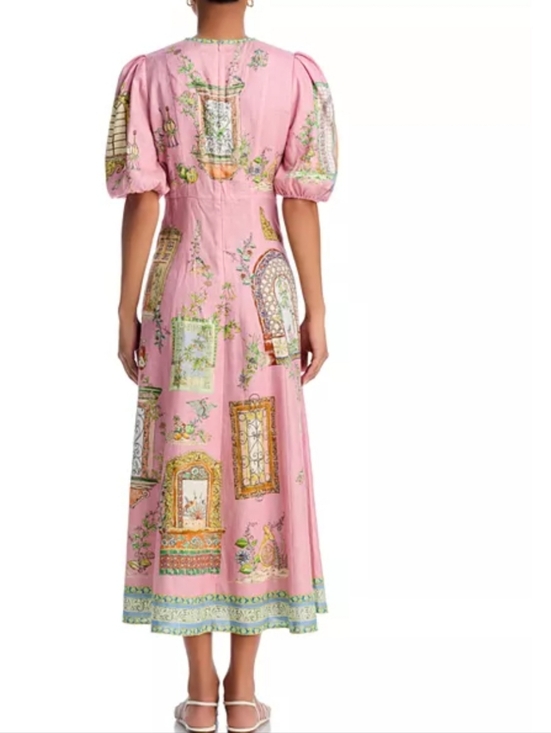 Alemais Monte Linen Midi Dress Pink Printed Flax Puff Sleeve Resort XXL - Picture 9 of 11